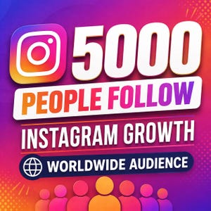 Puede incluir: Un gráfico digital que presenta el logotipo de Instagram junto al texto 5000 PEOPLE FOLLOW, INSTAGRAM GROWTH y WORLDWIDE AUDIENCE. El fondo es un degradado vibrante de rosa, morado y naranja con una fila de siluetas humanas estilizadas.