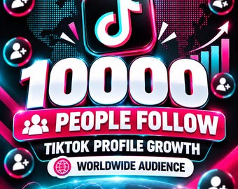 Könnte beinhalten: Eine digitale Grafik mit dem TikTok-Logo über dem Text 10000 PEOPLE FOLLOW TIKTOCK PROFILE GROWTH WORLDWIDE AUDIENCE. Das Design enthält leuchtende neonpinke und blaue Akzente, einen Weltkartenhintergrund und mehrere Follow-Symbole.
