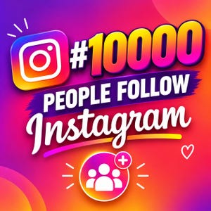 Pode incluir: Um design gráfico vibrante apresentando o logotipo do Instagram, o texto #10000 PEOPLE FOLLOW Instagram e um ícone circular com três figuras estilizadas e um sinal de mais. O fundo é um gradiente de cores roxo, rosa, laranja e amarelo.