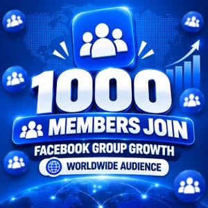 May include: A blue graphic design featuring the large white text 1000 MEMBERS JOIN, with the subtext FACEBOOK GROUP GROWTH and WORLDWIDE AUDIENCE. The image includes a group icon, a rising bar chart, and smaller circular group icons on a globe.