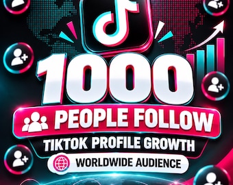 Może przedstawiać: Cyfrowa grafika przedstawiająca logo TikTok nad tekstem 1000 PEOPLE FOLLOW, TIKTOK PROFILE GROWTH oraz WORLDWIDE AUDIENCE. Projekt zawiera neonowe różowe i niebieskie akcenty, okrągłe ikony obserwujących oraz globus u dołu.