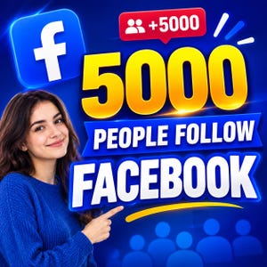 Peut inclure: Un graphique numérique sur fond bleu avec le logo Facebook blanc, un badge de notification rouge avec le texte +5000 et un grand texte jaune indiquant 5000 PEOPLE FOLLOW FACEBOOK. Une personne en pull bleu pointe vers le texte.