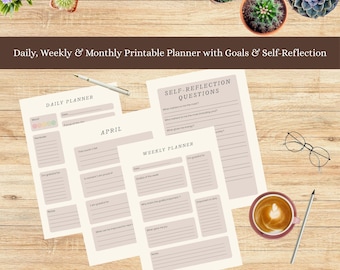 Dagelijkse wekelijkse maandelijkse planner afdrukbaar – 64 pagina's Goal & Mood Tracker met zelfreflectie (digitale download)