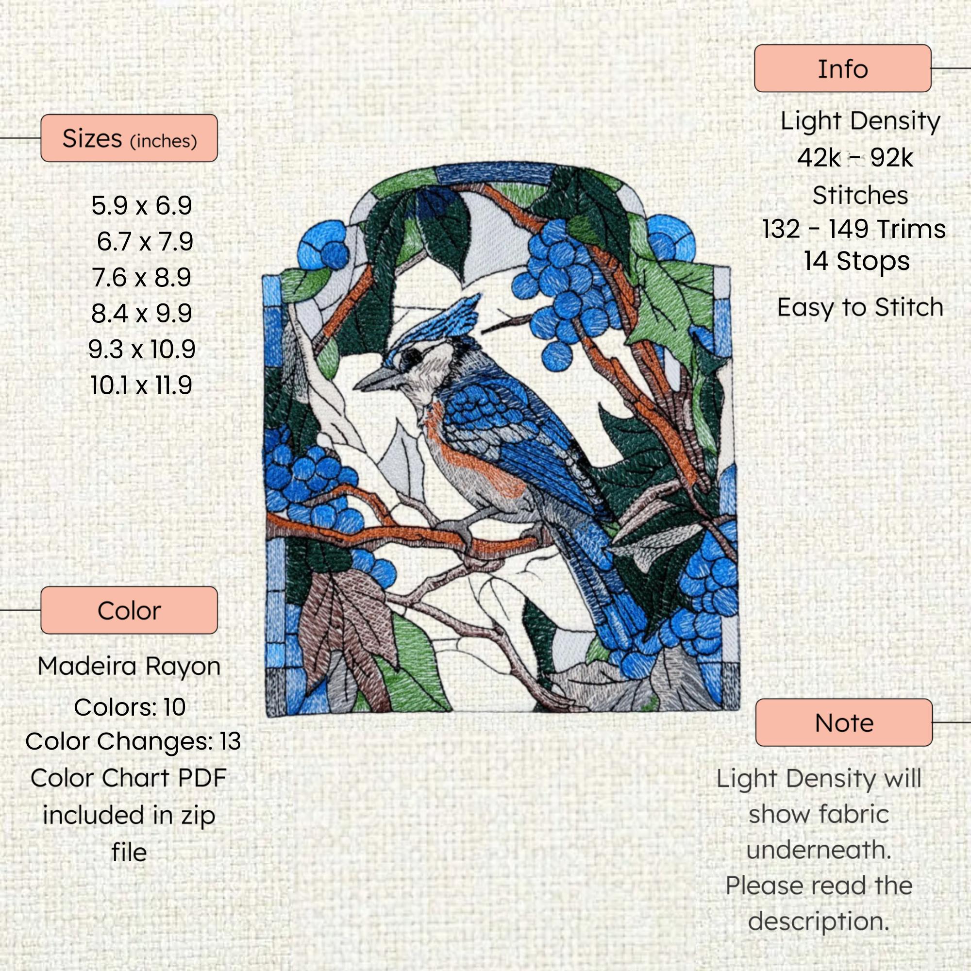 Floral Blue Jay Bird Embroidery Design Stained Glass Embroidery Pattern ...