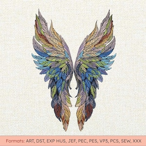 May include: A colorful, embroidered design of stylized angel wings. The wings feature a detailed feather pattern in shades of blue, green, yellow, orange, and purple. The design is set against a textured, off-white background. Formats: ART, DST, EXP HUS, JEF, PEC, PES, VP3, PCS, SEW, XXX.