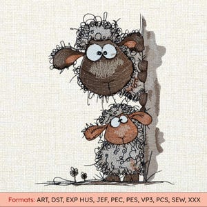 Può includere: Un disegno ricamato con due pecore dei cartoni animati. La pecora superiore è marrone e grigia, che sbircia sopra un muro. La pecora inferiore è più piccola, con una combinazione di colori simile. Il disegno include il testo "Formats: ART, DST, EXP HUS, JEF, PEC, PES, VP3, PCS, SEW, XXX".