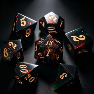 Handmade Black Mystic Resin Dice, Red Green Streamer Sharp Edge Polyhedral DND Dice Set, Dark Magic Tabletop RPG DM Player Collector Gift