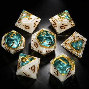 Oude Ruïne Hars Dobbelstenen | Marmer Gouden Hars Dobbelstenen | Tempel Relikwie Hars Dobbelstenen | Witte Marmer Blauwe Kern Dobbelstenen met Goudfolie voor TTRPG