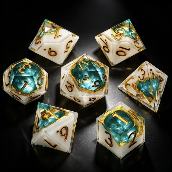 Ancient Ruin Resin Dice | Marble Gold Resin Dice |Temple Relic Resin Dice| White Marble Blue Core Dice with Gold Foil for TTRPG