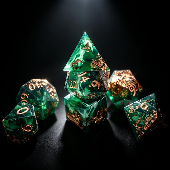 Handmade Emerald Green Resin Dice Set with Gold Foil, DnD Dice for Dungeons and Dragons, Forest Smoke Resin Dice Set，Polyhedral Dice