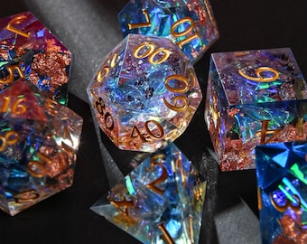 Ensemble de dés D&D Aurore Boréale faits main, 7 dés, couleurs changeantes bleu-violet arc-en-ciel, dés RPG, cadeaux uniques pour joueurs de jeux de société.