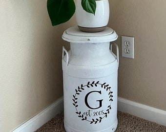 Custom Floral Wreath Monogram Decal with Established Date for Milk Can, Front Door, or other Front Porch Decor (Decal Only)