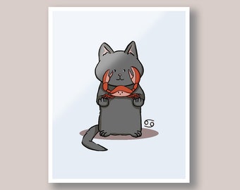 Cancer Cat Art Print: Zodiac Sign Illustration, Nursery Decor
