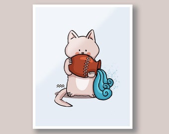 Aquarius Cat Art Print: Zodiac Sign Nursery Decor