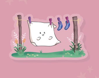 Whimsical Summer Ghost Sticker - Clothesline Scene Clear Vinyl Decal, Waterproof for Laptop and Journal