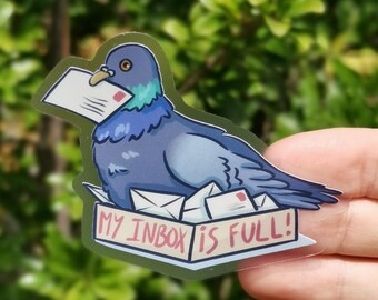Funny Pigeon Clear Sticker - Inbox Full Sarcastic Vinyl Decal, Waterproof for Laptop, Journal or Bottle
