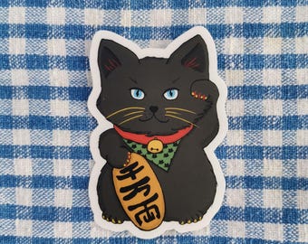 Black Manekineko clear sticker - Lucky japanese cat vinyl decal, Waterproof for Laptop, Bottles, Planner