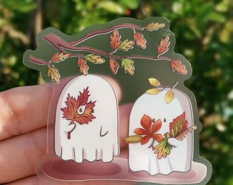 Ghost with leaves Clear Sticker - Whimsical Fall Vinyl Decal (Waterproof)