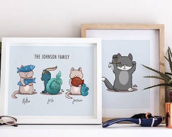 Custom Family Zodiac Cat Print: Personalized Astrological Sign Gift