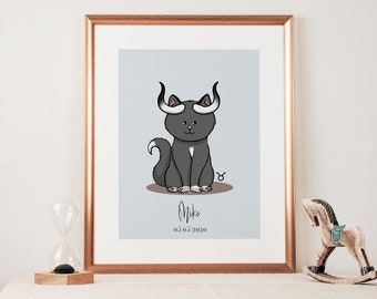 Custom Taurus cat illustration | Cute astrological and zodiac sign | Personalized zodiac newborn gift | Nursery gift for new parents