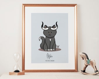 Taurus Cat Art Print: Zodiac Sign, Nursery Decor