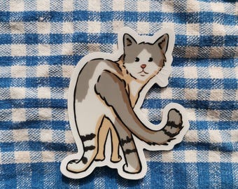 Pegatina de vinilo transparente con diseño de gato gris y blanco, resistente a los arañazos, para portátiles y botellas. Impermeable.