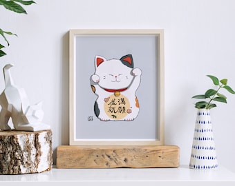 Japan lucky cat illustration, Bobtail Manekineko art, Cat Nursery Art, Print for Kids, Kitten Art, Cat Lover | Paper prints 8x10 - 20x30 in