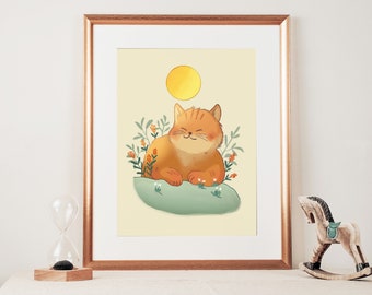 Cat Sunbathing Art Print: Summer Cat Wall Decor