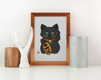 Maneki Neko Art Print: Lucky Cat Illustration, Japanese Nursery Decor