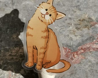 Pegatina de vinilo transparente con diseño de gato pelirrojo pensando, resistente a los arañazos para portátiles y botellas (resistente al agua).