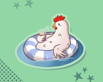 Pegatina de pollo - Escena de playa veraniega, pegatina de vinilo impermeable para portátil, botella y cuaderno