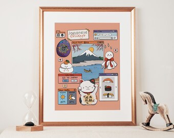 Japanese holidays illustration, manekineko illustration, japan travel poster | Paper prints 8x10 - 20x30 in