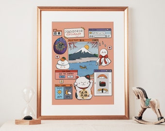 Japanese holidays illustration, manekineko illustration, japan travel poster | Paper prints 8x10 - 20x30 in