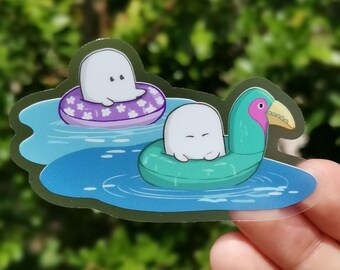 Whimsical Summer Ghost Sticker - Beach Scene Clear Vinyl Decal, Waterproof for Laptop and Journal