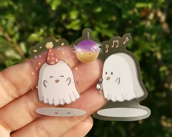 Kawaii Ghost Sticker - Fun Whimsical Party Clear Vinyl Decal, Waterproof for Laptop and Journal