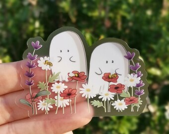 Ghost with flowers Clear Sticker - Whimsical Spring Vinyl Decal (Waterproof)
