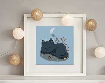 Sleeping Cat Art Print: Night Plants Illustration (5x7 - 20x30 in)