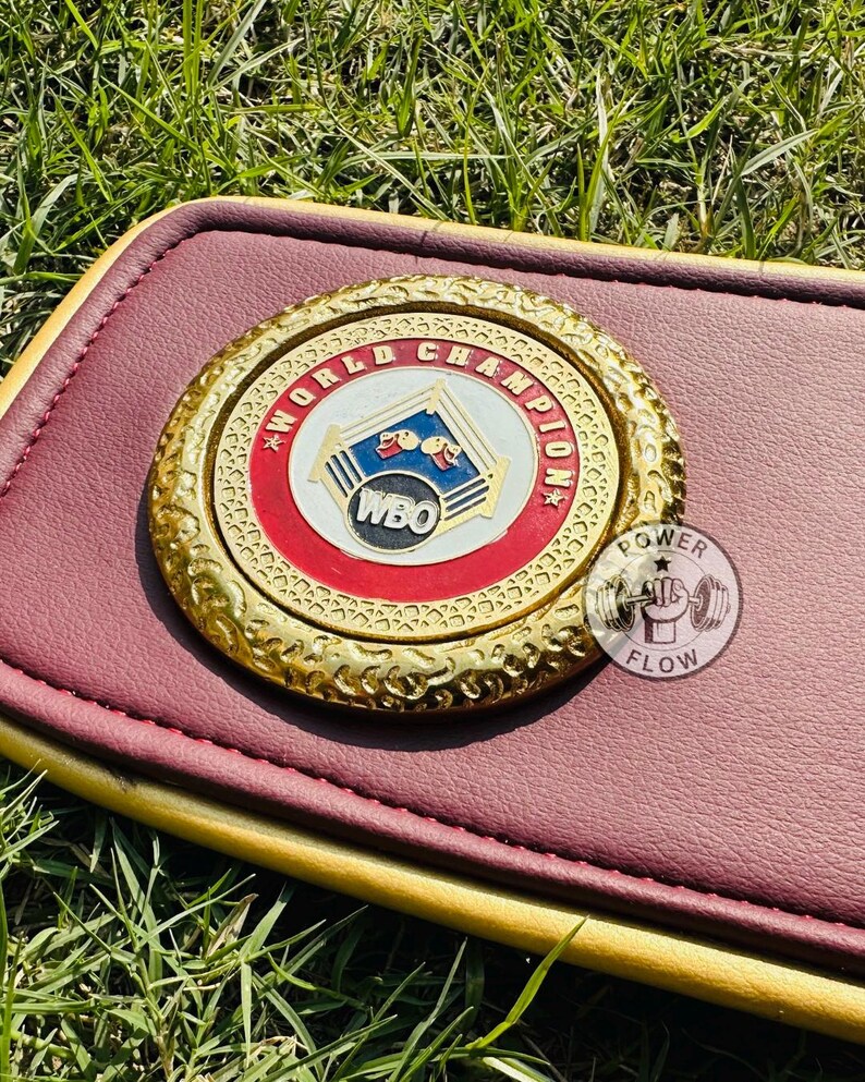 May include: A burgundy and gold boxing championship belt with a gold medallion. The medallion features the words "WORLD CHAMPION" and the WBO logo. A small, round Power Flow logo is visible.