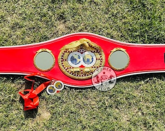 IBF World Boxing Championship Belt and Medal Set, Red Leather Strap, Gold Plates