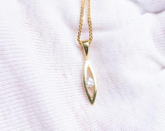 Colar vintage com pingente de diamante em ouro 18 quilates – Corrente em ouro maciço de 18 quilates – Joia fina