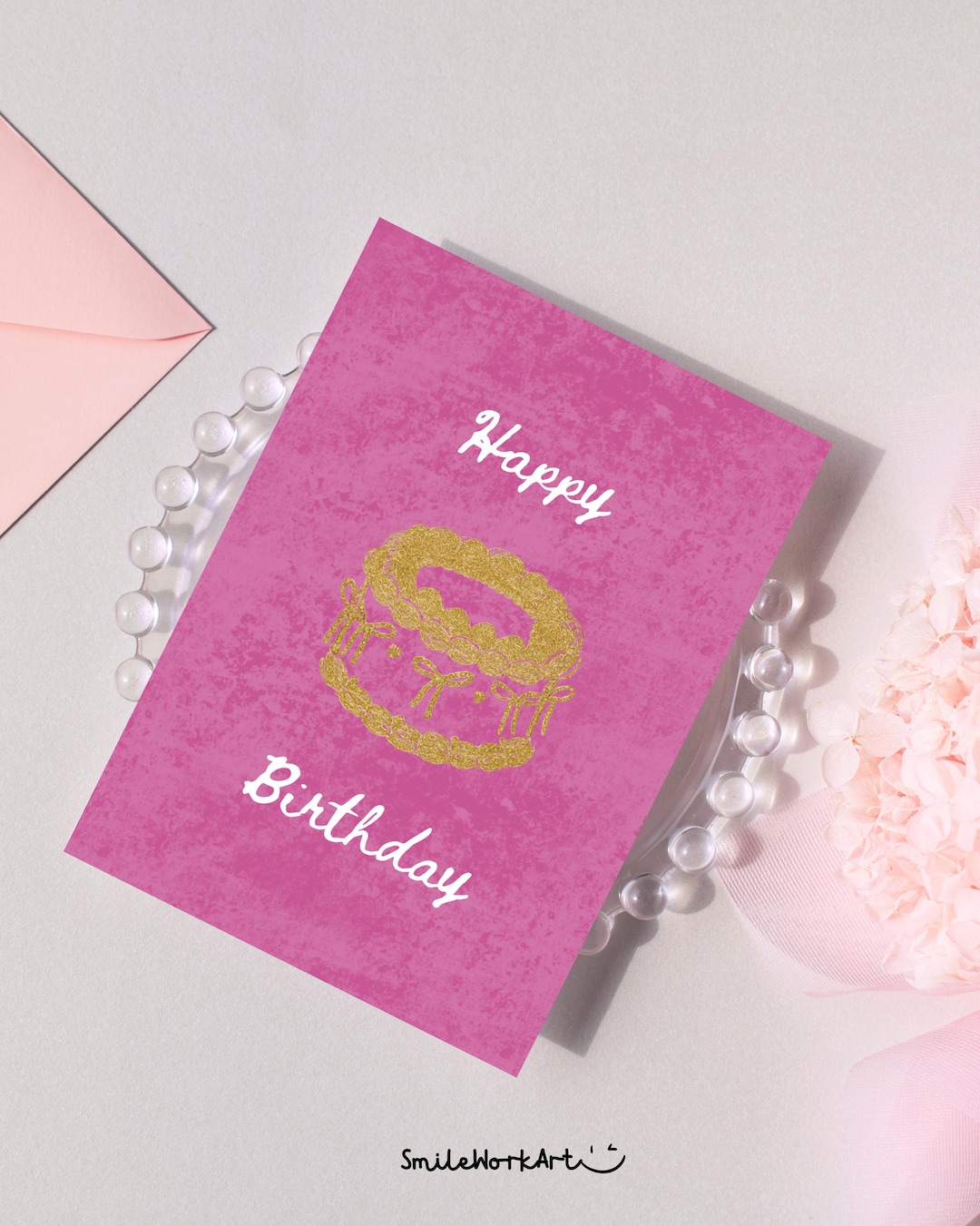 Pink Birthday Card With Gold Cake | Instant Download for Any Age - Etsy
