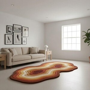 May include: A modern living room with a beige sofa, wooden side tables, and framed artwork. A large, layered rug in shades of brown, orange, and cream sits on the floor. A potted plant and a window provide natural light.
