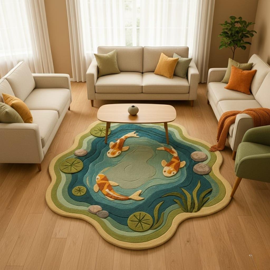 Handmade Koi Fish Tufted Rug | Pond Inspired Organic Shape Area 12x15 ...