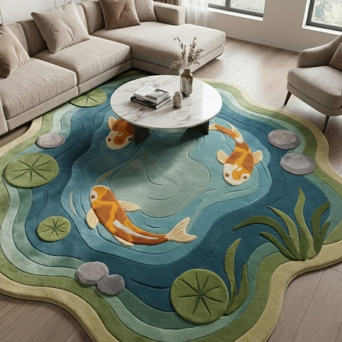 Red Koi Rug Handmade Koi Fish Tufted Rug | Pond Inspired Organic Shape Area 12x15 ...