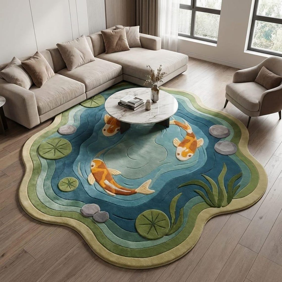 Handmade Koi Fish Tufted Rug | Pond Inspired Organic Shape Area 12x15 ...