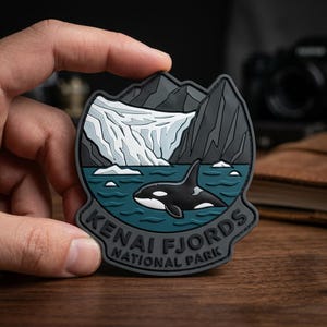May include: A patch featuring a black and white orca swimming in teal water, with a glacier and mountains in the background. The patch is labeled "KENAI FJORDS NATIONAL PARK" in white text on a gray border.