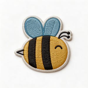 May include: Embroidered patch featuring a smiling bee. The bee has a yellow body with black stripes, blue wings, and a white outline. The patch is designed with a cute, cartoonish style, perfect for adding to clothing or accessories.