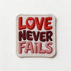 May include: Embroidered patch with the words "LOVE NEVER FAILS" in red, burgundy, and pink thread. The word "LOVE" has a heart in place of the letter "O". The patch is square with rounded corners and a cream-colored background.