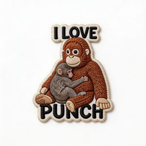 May include: Embroidered patch featuring a brown orangutan hugging a gray monkey. The patch has the words "I LOVE" above the orangutan and "PUNCH" below. The patch is on a white background.
