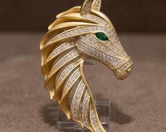 Vintage Horse Head Brooch Pin, Gold Crystal Animal Lapel Pin, Emerald Eye